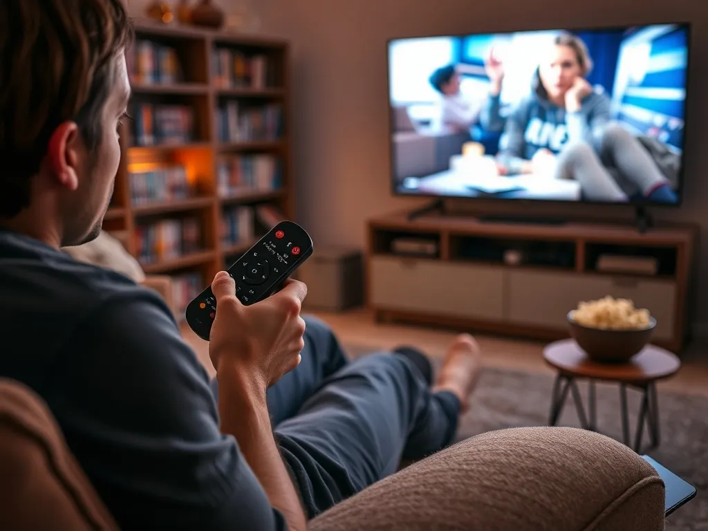 Zaskoczona osoba na kanapie ogląda serial, trzyma pilot skierowany w stronę świecącego telewizora w ciepłym, wieczornym świetle.